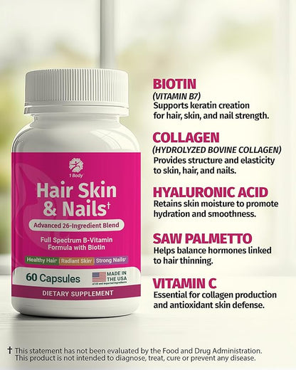 1 Body Hair Skin and Nails Vitamins with Biotin – Contains 26 Vitamins, Minerals and Herb Extracts – Hair and Nail Growth, Glowing Skin Supplements Formula for Men and Women – 60 Vegan Capsules