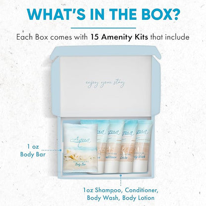 1-Shoppe Aqua Organics Amenity Kit | Boxed Hotel Toiletries Bulk Set | 1 oz Shampoo, Conditioner, Lotion, Body Wash & Bar Soap | 75 Sets per Case