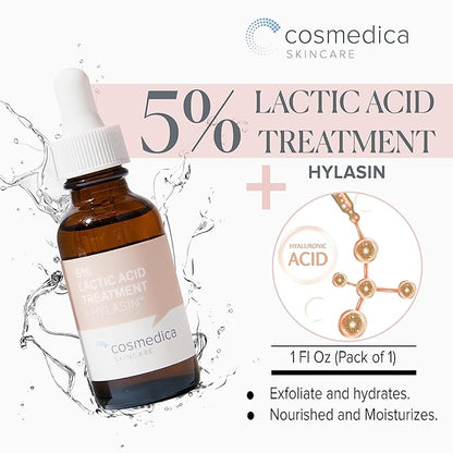 Cosmedica Skincare 5% Lactic Acid Treatment Hylasin - AHA, Hyaluronic Acid, Gentle Exfoliator Dark Spot Corrector, Anti-Aging, Face Peel Brightening Treatment for Dull Hyperpigmented Skin 1 oz (30ml)