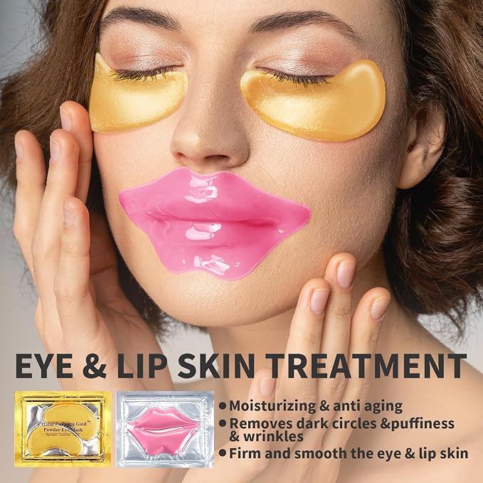 30 PCS Lip Mask Eye Mask Set Moisturizing Lip Mask for Dry Lips, 24K Gold Eye Patches for Puffy Eyes and Dark Circles