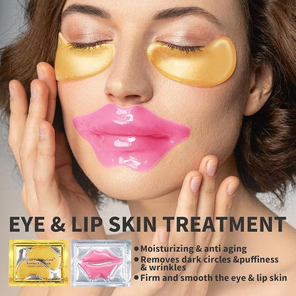 30 PCS Lip Mask Eye Mask Set Moisturizing Lip Mask for Dry Lips, 24K Gold Eye Patches for Puffy Eyes and Dark Circles