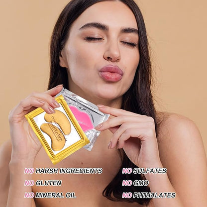 CCbeauty 24 Packs Lip Masks & Eye Mask Bulk,24K Gold Under Eye Patches for Puffy Eyes,Dark Circles,Collagen Eye gel Pads for Eye Bags,Wrinkles | Nourish & Hydrate Dry Chapped Lips Skincare, Pink