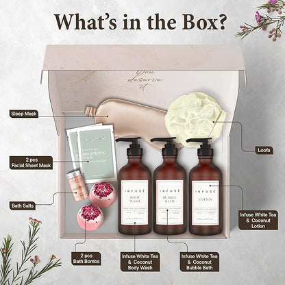 10-Piece Spa Gift Box for Women | Self-Care Set with Eye Mask, Loofa, Bath Bombs, Face Masks, Bubble Bath, Lotion, Body Wash & Bath Salt | Perfect Gift for Mom, Grandma, Wife, or Loved Ones