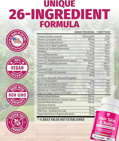 1 Body Hair Skin and Nails Vitamins with Biotin – Contains 26 Vitamins, Minerals and Herb Extracts – Hair and Nail Growth, Glowing Skin Supplements Formula for Men and Women – 60 Vegan Capsules