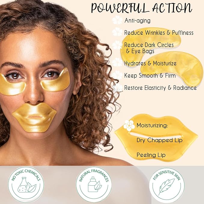 CCbeauty 24 Packs Lip Masks & Eye Mask Bulk,24K Gold Under Eye Patches for Puffy Eyes,Dark Circles,Collagen Eye gel Pads for Eye Bags,Wrinkles | Nourish & Hydrate Dry Chapped Lips Skincare,Golden