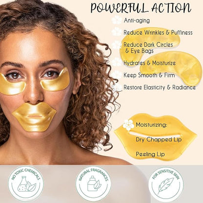 CCbeauty 24 Packs Lip Masks & Eye Mask Bulk,24K Gold Under Eye Patches for Puffy Eyes,Dark Circles,Collagen Eye gel Pads for Eye Bags,Wrinkles | Nourish & Hydrate Dry Chapped Lips Skincare,Golden