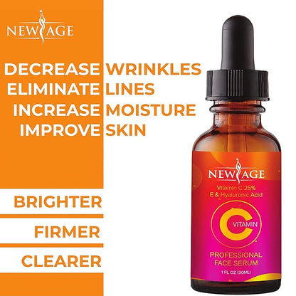 (2-PACK) Vitamin C Serum with Hyaluronic Acid for Face and Eyes - Natural Anti Aging Eye Serum - Facial Serum Fades Age Spots and Sun Damage - By New Age
