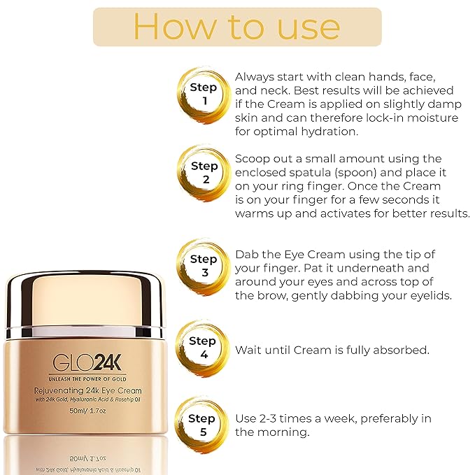 GLO24K Rejuvenating 24k Eye Cream and Serum With 24k Gold, Hyaluronic Acid, Vitamins A,C,E