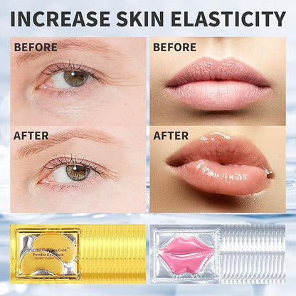 30 PCS Lip Mask Eye Mask Set Moisturizing Lip Mask for Dry Lips, 24K Gold Eye Patches for Puffy Eyes and Dark Circles