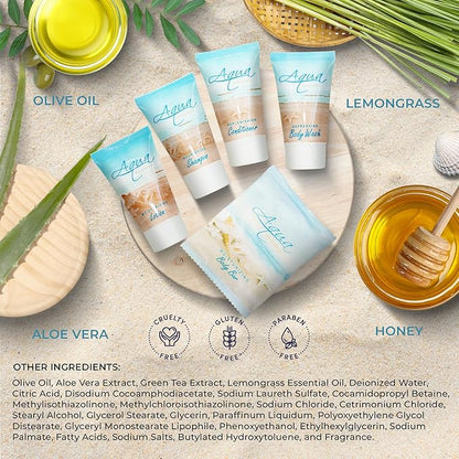 1-Shoppe Aqua Organics Amenity Kit | Boxed Hotel Toiletries Bulk Set | 1 oz Shampoo, Conditioner, Lotion, Body Wash & Bar Soap | 75 Sets per Case